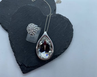 Silver Swarovski Teardrop Pendant and Adjustable Ring Set