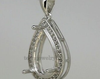925 sterling silver pre notched pear shaped prong setting pendant , pear pendant blanks for pear stone setting , cz pendant