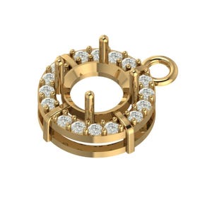 May include: A gold-colored pendant with a circular design, featuring a central setting and a halo of small, clear gemstones. The pendant has a loop for a chain and is designed for jewelry making.