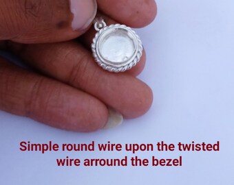 925 sterling silver round bezel blank pendant , with simple wire and Twisted wire arround the bezel,pendant bezel blank , bezel setting