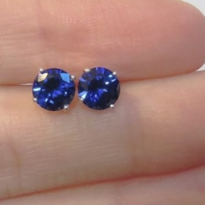 AAA Quality Created Blue sapphire stud earrings,radiant deep blue sapphire stud, round faceted sapphire stud