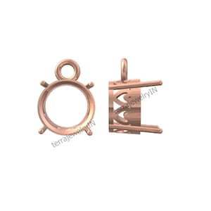 May include: A rose gold pendant setting with a round bezel and prongs. The setting has a loop at the top for attaching a chain.