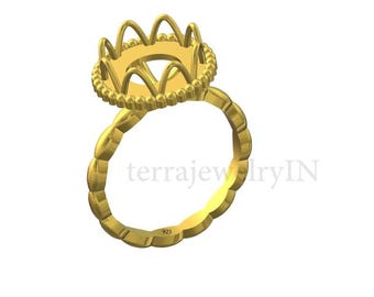 May include: A gold ring with a round, ornate setting for a gemstone. The ring is marked "925" on the band.