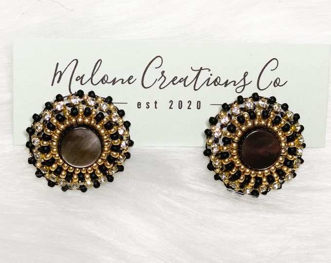 Elegant beaded earrings beaded earring with chains Native American beaded earrings Black /& Gold Beaded Studs