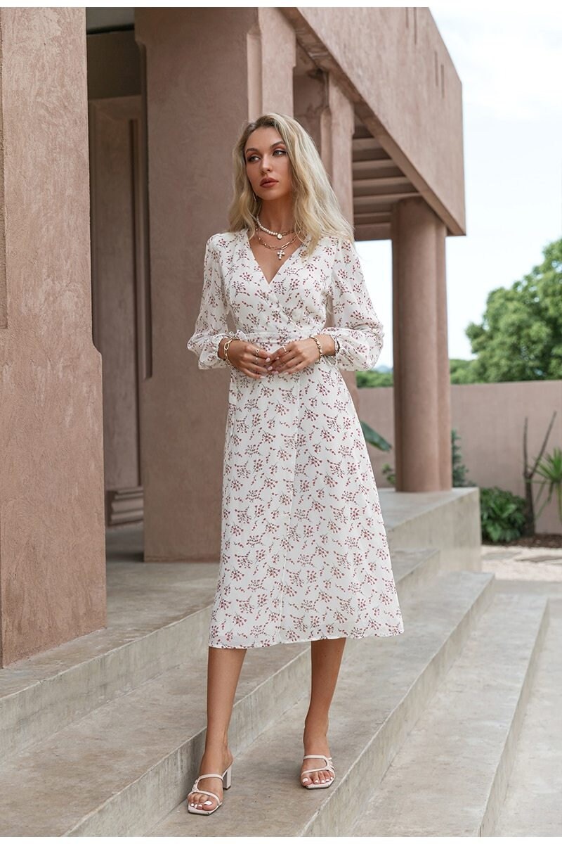 Elegant Green Leaf Print Dress Sexy Spring Longsleeved Vneck Etsy