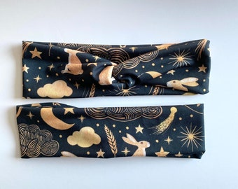 Black Gold headband, Moon and Stars Headband, Nurse Headband, Yoga Headband, Boho Headband, Twist Knot Headband, Adult Headband, Celestial