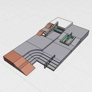 Puede incluir: Modelo 3D de un parque de skate con varias rampas, escaleras y barandillas. El diseño presenta plataformas grises con detalles marrones y verdes. Las rampas y escaleras están diseñadas para el skateboarding y otros deportes de acción.