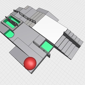 Puede incluir: Modelo arquitectónico 3D con una compleja disposición de plataformas grises, escaleras y estructuras rectangulares. El diseño incorpora áreas empotradas rellenas de verde y una esfera roja. El modelo tiene una estética moderna y geométrica.