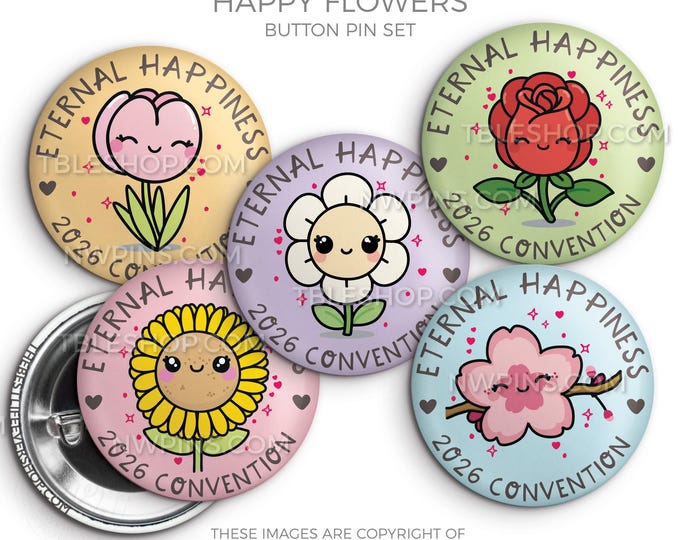 2026 Convention Button Pins: Happy Flowers, Eternal Happiness - Set of 5