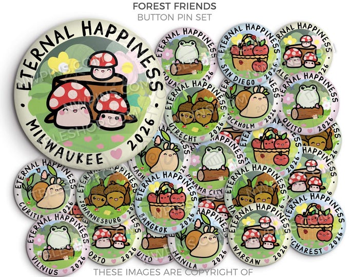 Eternal Happiness 2026 INTERNATIONAL Convention Button Pins - FOREST FRIENDS -jw gifts for kids