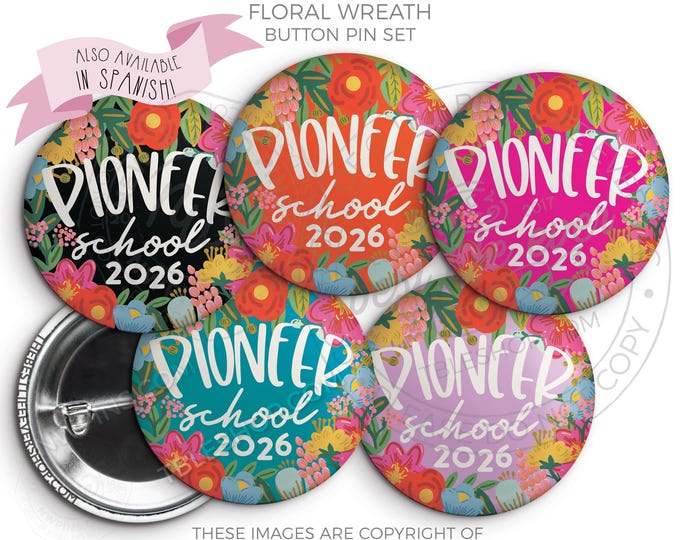2026 Pioneer School Button Pin Set: JW Gifts - FLORAL WREATH