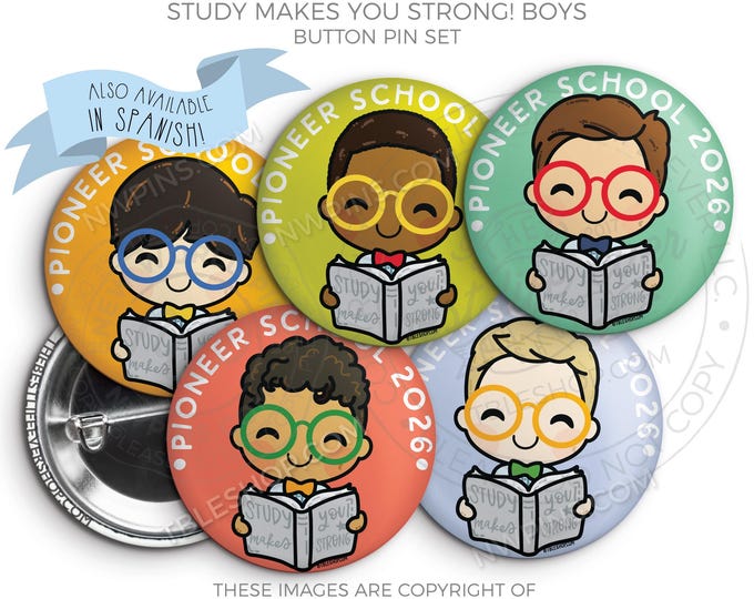 2026 Pioneer School Button Pin Set: JW Gifts - Study Makes You Strong! BOYS