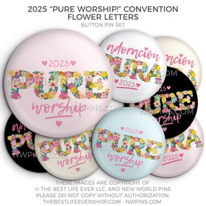 Pure Worship! 2025 Convention Button Pins - FLOWER LETTERS - jw gifts - jw, convention gifts, special convention