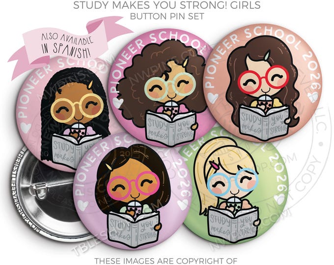 2026 Pioneer School Button Pin Set: JW Gifts - Study Makes You Strong! GIRLS