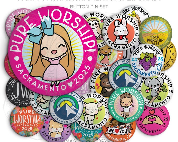 Sacramento, CALIFORNIA Pure Worship Special Convention PARTY PACK! -  Button Pins - jw gifts, jw org, best life ever