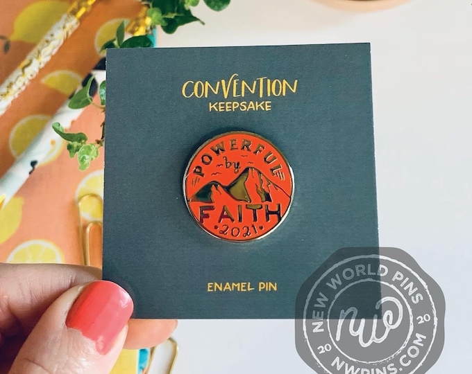 Powerful By Faith Scarlet and Gold Enamel Pin- JW pins, nwpins, new world pins