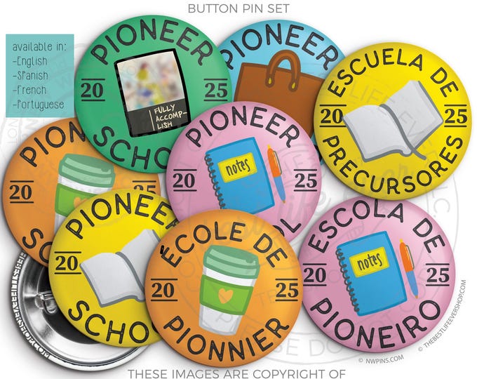 COLOR PARTY! Pioneer School Button Pin Set - jw gifts - pioneer - best life ever, gifts for pioneers