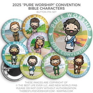 Pure Worship! 2025 Convention Button Pins -BIBLE CHARACTERS - jw gifts - jw, convention gifts, special convention