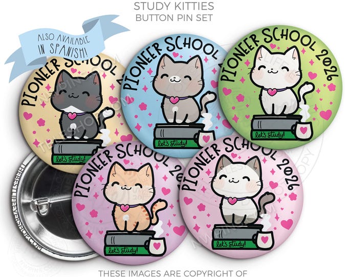 2026 Pioneer School Button Pin Set: JW Gifts - STUDY KITTIES