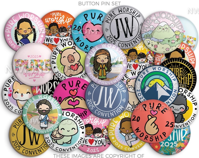 Pure Worship! 2025 Convention Button Pins - PARTY PACK! - jw gifts - jw, convention gifts, special convention