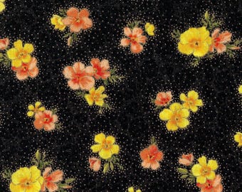 Black Floral Cotton Fabric with Yellow and Gold Flowers Metallic