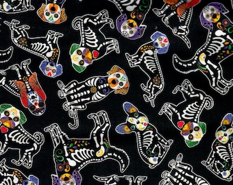 Day of the Dead Fabric: Sugar Skull Skeleton Dogs, 100% Cotton