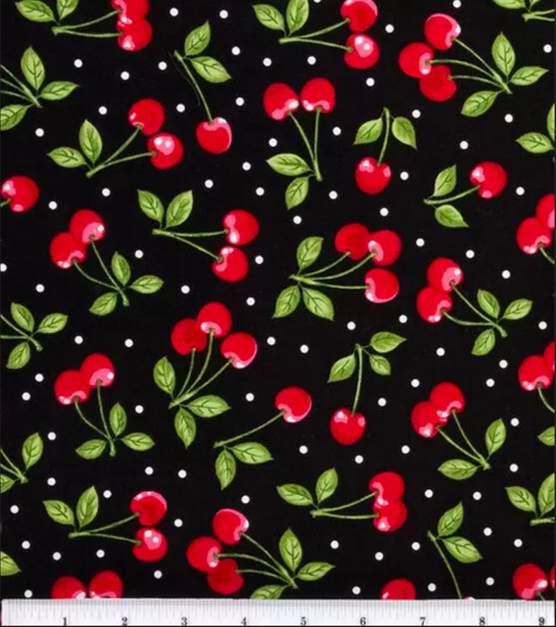 Cherry Cherries /& Dots 100/% Cotton Fabric By The Yard Half Yard or Fat Quarter