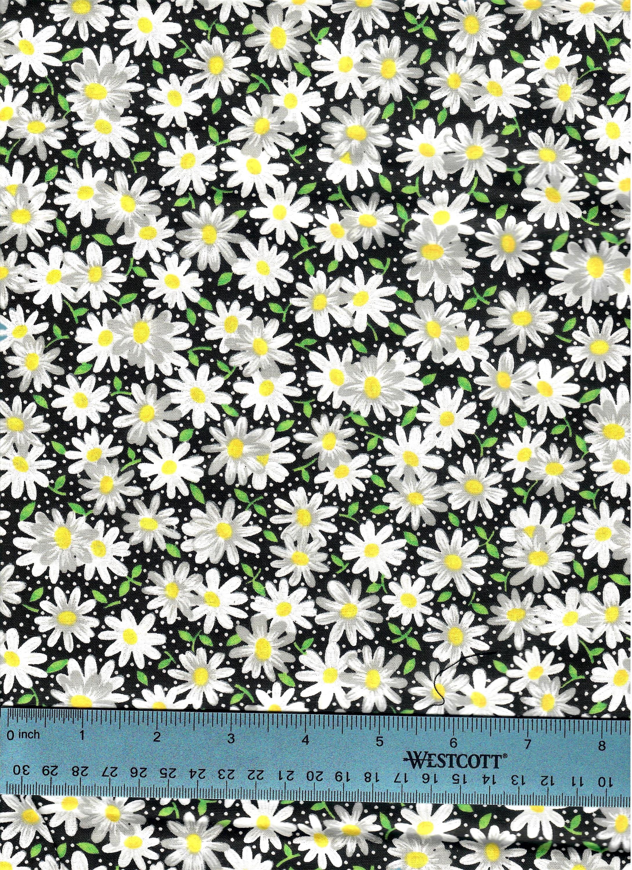 Daisy Floral Pattern Black Background 100% Cotton Fabric Remnant 24" X ...