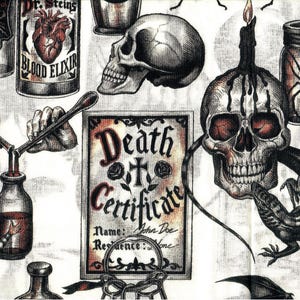 May include: A spooky illustration featuring skulls, a lizard, and a jar with a spider. The image includes a "Death Certificate" and bottles labeled "Blood Elixir" and "Hemlock Root". The overall theme is gothic and macabre.