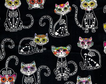 Day of the Dead Cats Fabric | Sugar Skull Skeleton, 100% Cotton
