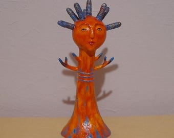 Mystical Paper-Mache Head Sculpture with Basket , Handmade Art Object, Holder