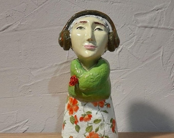 papier mache,author's doll,bust, headphones ,girl