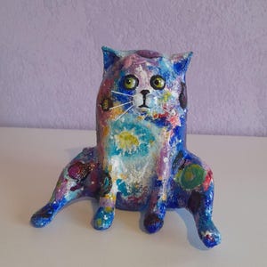 Handmade Paper Mache Cat Figurine: Acrylic Painted Animal