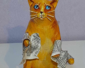 paper mache,cat,animal,figurine,newspaper