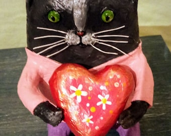 paper mache,cat,animal,figurine,sculpture,Valentine's Day