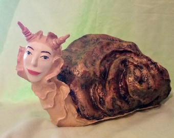 paper mache,snail,human-animal hybrid,sculpture,figurine,autor's doll
