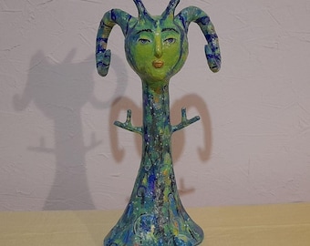 Mystical Paper-Mache Head Sculpture with Basket , Handmade Art Object, Holder