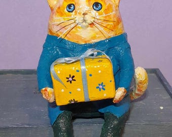 paper mache,cat,animal,figurine,sculpture