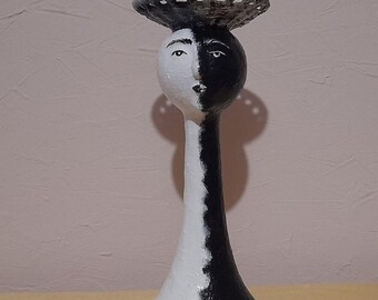 Mystical Paper-Mache Head Sculpture with Basket , Handmade Art Object, Holder