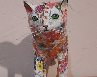 paper mache,cat,animal,figurine,decoupage