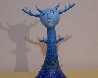Mystical Paper-Mache Head Sculpture with Basket , Handmade Art Object, Holder