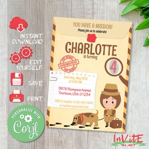 Editable DETECTIVE girl invitation, Free CORJL DEMO, Cute birthday invitation, Investigation, Secret agent, Police girl, Girl birthday party