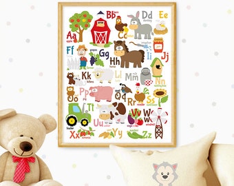 Süßes englisches Bauernhof Alphabet WAND DEKOR, Barnyard ABC, A bis Z Wandkunst, Kinderzimmer, Alphabet, druckbar, Lerndrucke - Sofortiger Download