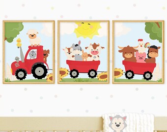Cute FARM ANIMALS nursery prints, INSTANT download, Baby Room decor, Nursery wall print,  Set of 3, Baby shower gift, Happy barnyard animals