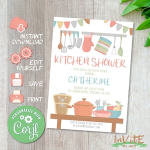 May include: A printable kitchen-themed bridal shower invitation with a light pink, blue, and green color scheme. The invitation features a cartoon illustration of kitchen utensils, a pot, and a bowl of fruit. The text on the invitation reads "Kitchen Shower" and "Please join us for a bridal shower honoring Catherine".