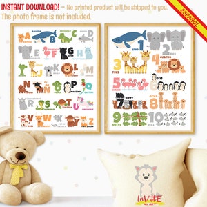 Alfabeto animal espanhol fofo, DECORAÇÃO DE PAREDE, estampas de berçário para crianças, ABC espanhol e números, tamanho 8x10 'e A4 - download instantâneo, para impressão