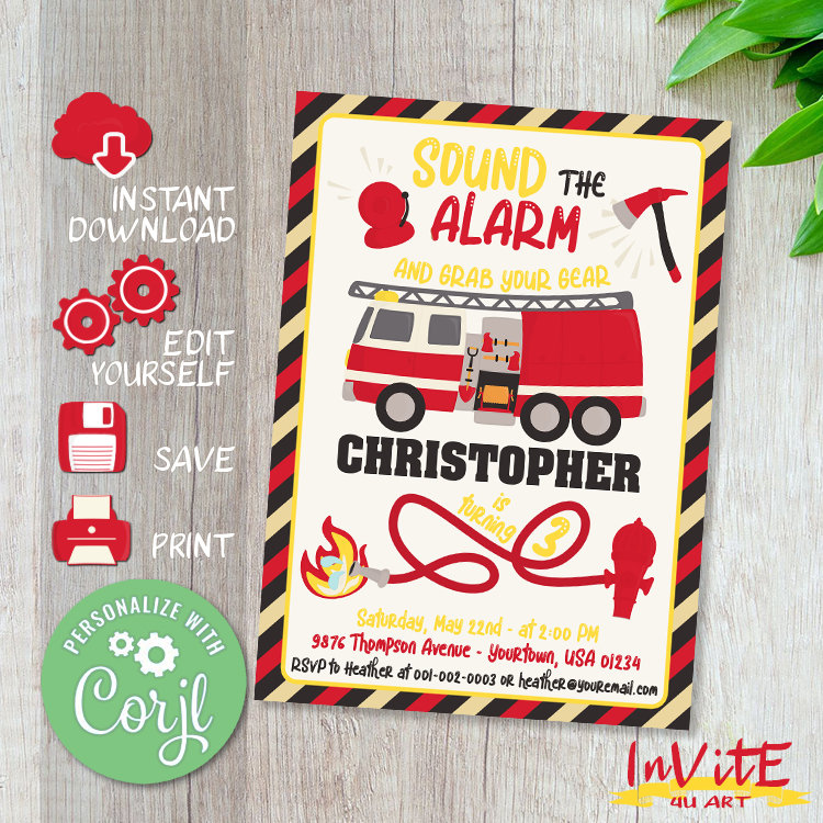 Fire Rescue Invitations Editable FIREFIGHTER Birthday Invitation, Free Corjl DEMO, Firefighter ...