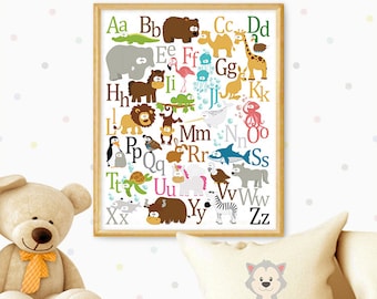 Cute English animal alphabet, WALL DECOR, Colorful nursery prints, ABC, A to Z wall art - Instant, Learn the Alphabet educational print