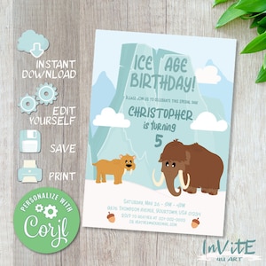Editable ICE AGE invitation for kids, Woolly Mammoth birthday party, FREE Corjl demo, Mastodon, Stone age invite for kids
