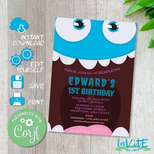 Editable, happy MONSTER birthday invitation, Free CORJL DEMO, Weird Creature, Creepy aliens, Kids birthday, Invite, Cute boy Birthday